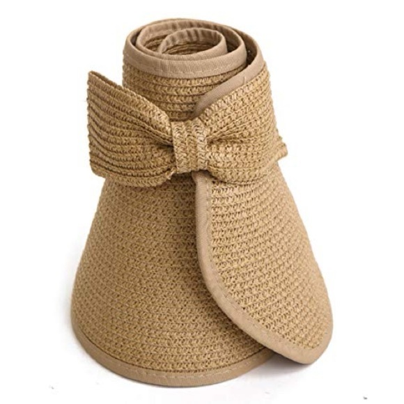 no brand Accessories - Women's Tan Woven Bow Sun Hat roll up 90% paper